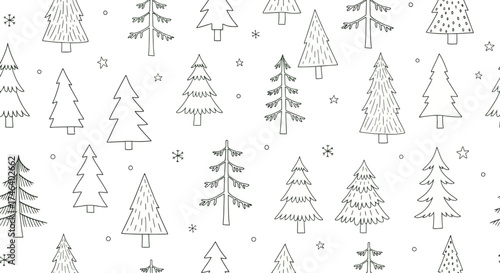 Monochrome seamless pattern featuring charming hand-drawn evergreen trees and whimsical snowflakes, ideal for festive winter and holiday design backgrounds