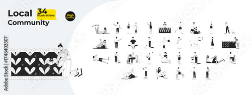 Local community people and gardening outline illustrations mega bundle. Volunteering, planting, relaxing, enjoying activities 2D linear images isolated. Collection black and white vector drawings