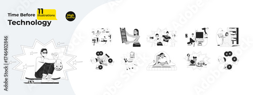 Nostalgic life before modern technology outline illustrations mega bundle. Y2K 90s. Vintage vinyl, cassette vhs. Retro hobbies 2D linear images isolated. Collection black and white vector drawings