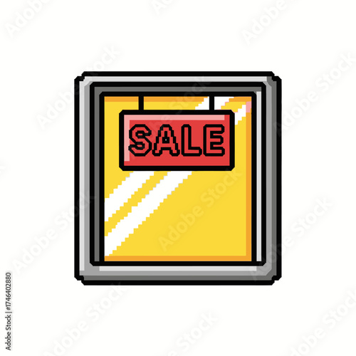 Pixel art shop window with a hanging red sale sign icon.