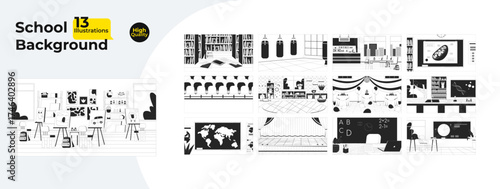 School classroom and learning backgrounds outline illustrations mega bundle. Library, science lab, gym, art room, classes 2D linear images isolated. Collection black and white vector drawings