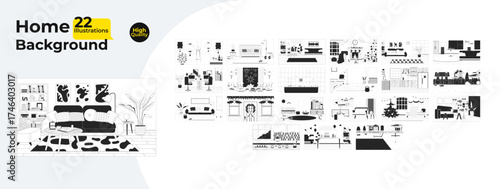 Cozy home and interior backgrounds outline illustrations mega bundle. Living room, kitchen, nursery, bathroom, holiday decor 2D linear images isolated. Collection black and white vector drawings