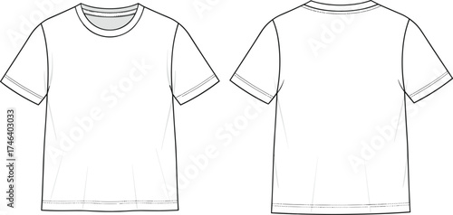 Technical fashion flat sketch, plain short sleeve crew neck T‑shirt with straight hem, front and back garment illustration, apparel design template