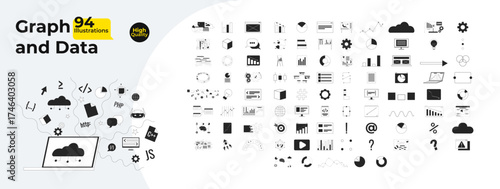 Graphs, charts and data visualization outline illustrations mega bundle. Programming coding. Analytics, digital analysis 2D linear images isolated. Collection black and white vector drawings