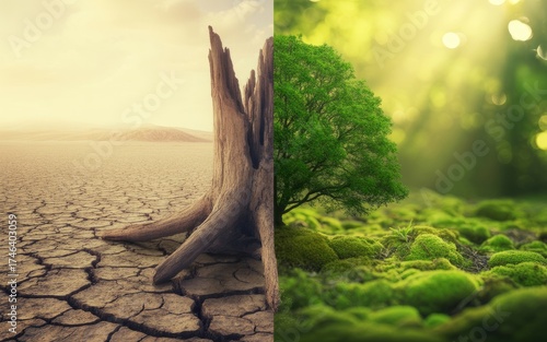 Climate change impact showing deforestation and reforestation effects on the environment 100