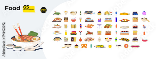 Cultural cuisine and baked goods cartoon flat illustrations mega bundle. Ramen, cakes, drinks. Dessert, meal, ingredients. Dishes 2D images isolated on white. Collection vector drawings colorful