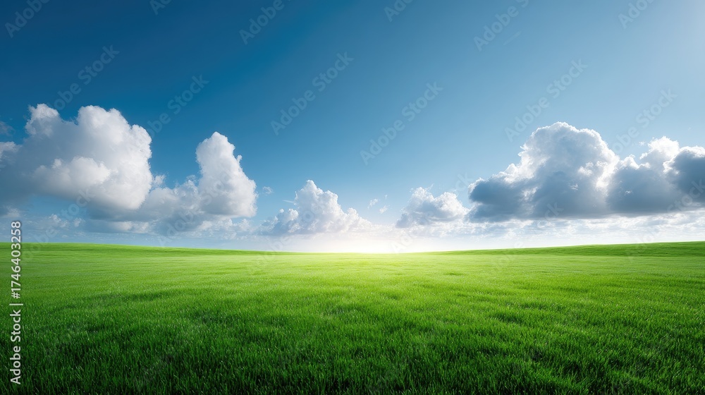 Obraz premium Vast Green Field under a Clear Blue Sky with Fluffy White Clouds and Gentle Horizon Light
