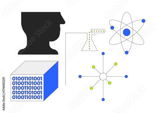 Science research and data integration 2D cartoon objects set. Head silhouette, binary cube, atomic model, radial network isolated elements flat vector clip arts on white. Spot illustrations collection
