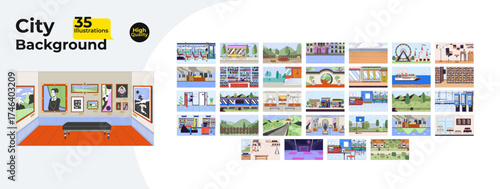 City and urban backgrounds cartoon flat illustrations mega bundle. Coffee shop, bakery, museum, bus inside. Interiors and outdoors 2D images isolated on white. Collection vector drawings colorful