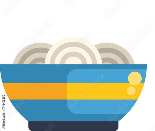 Simple illustration of a blue and yellow bowl filled with delicious ramen noodles