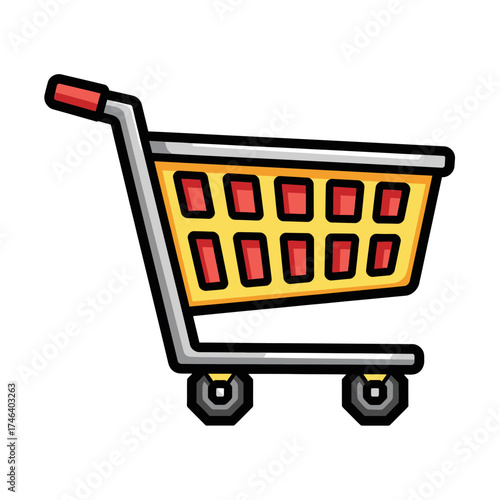 A cartoon shopping cart with a yellow basket and red accents.
