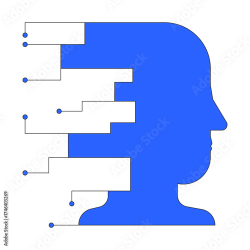 Digital human profile with data nodes 2D cartoon object. Head silhouette circuit lines. Circuitry electronics artificial intelligence isolated element flat vector clip art on white. Spot illustration