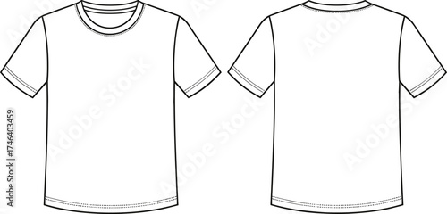 Wallpaper Mural Technical fashion flat sketch, plain short sleeve unisex T‑shirt with round neckline, front and back garment illustration, apparel design template Torontodigital.ca