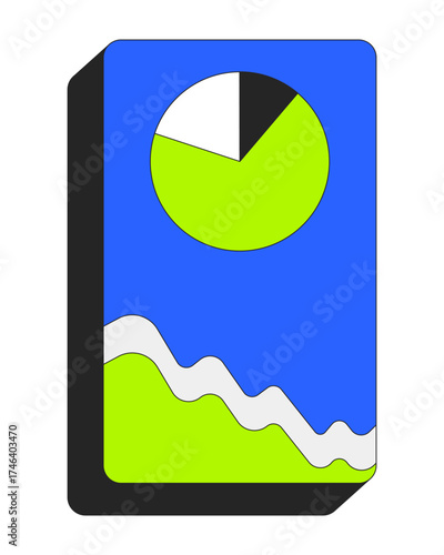 Pie graph and line chart rectangle shape 2D cartoon object. Performance analysis. Piechart, trend stats vertical rectangular button isolated element flat vector clip art on white. Spot illustration