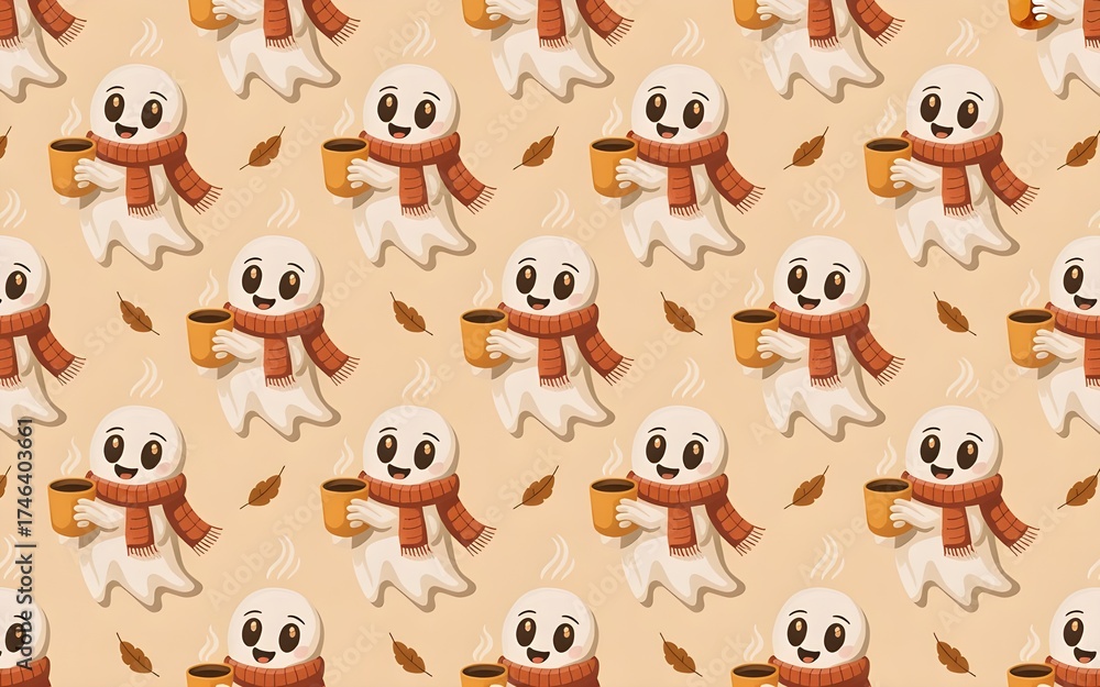 Obraz premium Cute ghosts holding coffee mugs, seamless Halloween pattern, cozy spooky theme, neutral background, vector art style