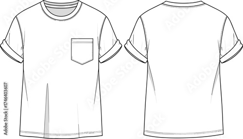 Technical fashion flat sketch, short sleeve crew neck T‑shirt with chest pocket and rolled sleeves, front and back garment illustration template