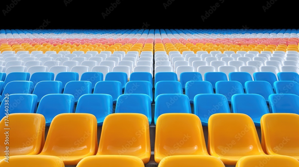 Fototapeta premium Vibrant Rows of Colorful Plastic Stadium Seats in a Modern Arena Setting with Black Background