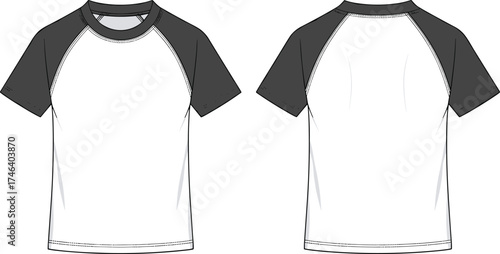 Technical fashion flat sketch, short sleeve raglan t‑shirt with contrast sleeves, front and back garment illustration, apparel design template outline