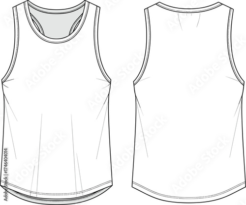 Technical fashion flat sketch, sleeveless tank top with round neckline and curved hem, front and back garment illustration, apparel design template
