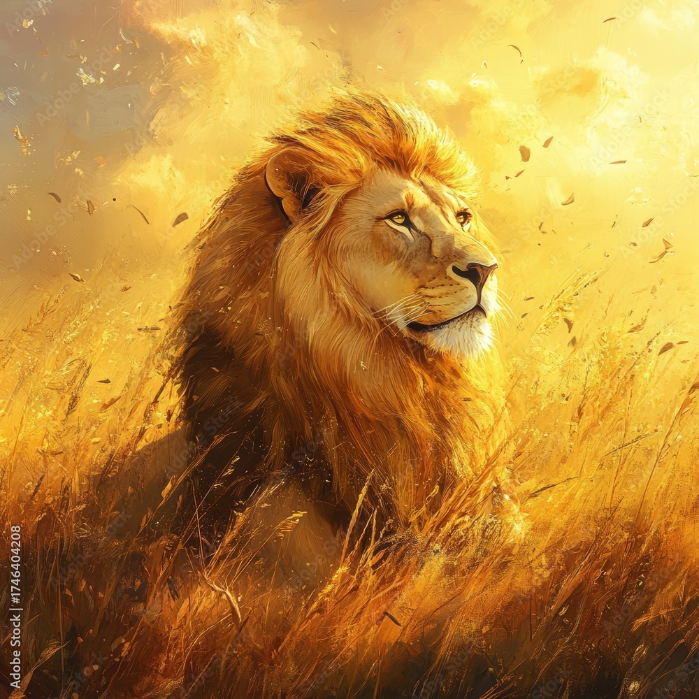 Naklejka premium A lion is standing in a field of tall grass. The lion is looking to the right. The grass is brown and dry