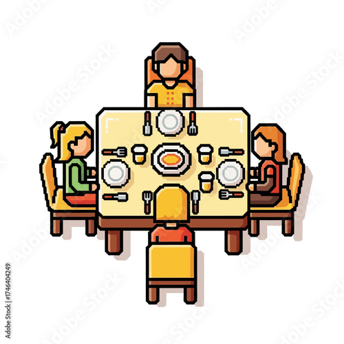 Family enjoying a meal together around a dining table.