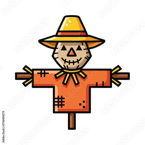 Cartoon scarecrow with a yellow hat and orange shirt stands tall.