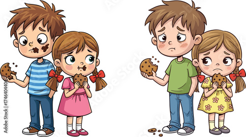 hildren eating cookies, cartoon kids with crumbs, guilty expressions, sad children dropping cookie, childhood emotions, playful snack time, food illustration, storytelling