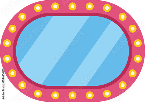 Pink oval makeup mirror reflecting light blue surface, with light bulbs, isolated on white background