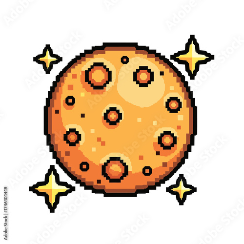 Pixelated golden moon with stars in space illustration for design.
