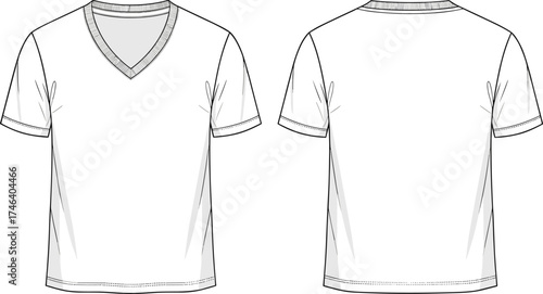 Wallpaper Mural V neck T shirt flat sketch, short sleeve technical drawing, ribbed collar design, fashion CAD template, garment illustration, apparel construction, clothing design Torontodigital.ca