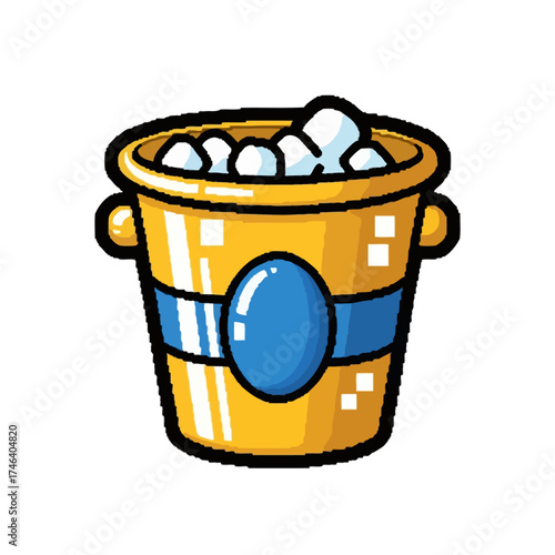 Cartoon Style Yellow Bucket Filled with Ice Cubes.
