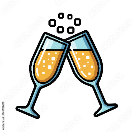 Two champagne glasses clinking in a celebratory toast with bubbles.