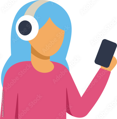 Girl enjoying music using headphones and holding smartphone, simple flat vector illustration
