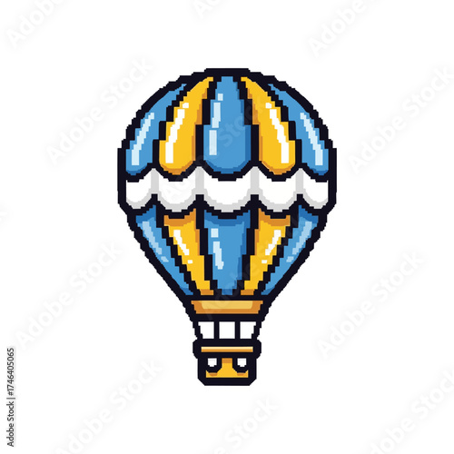Pixelated hot air balloon illustration with blue and yellow colors floating in the sky.
