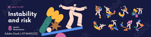 Instability concept set. Equilibrium problem, balance and harmony crisis, risk. Unstable figures, shapes. Risky people in unsteady life. Colored flat vector illustration isolated on white background