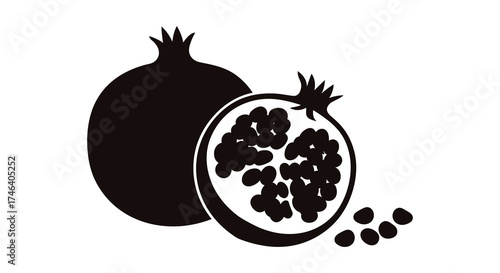Silhouette of a whole pomegranate and a halved pomegranate with seeds bursting out silhouette