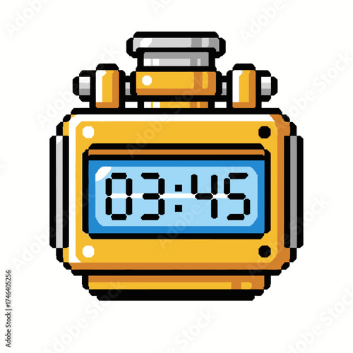 Digital stopwatch displaying time with a yellow and black pixelated design.