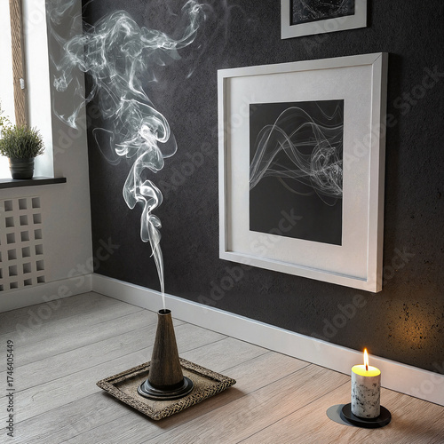 Incense cone with smoke rising in modern living room setting  