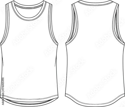 Women’s sleeveless tank top flat sketch, scoop neck fashion technical drawing, wide strap apparel design, front and back clothing illustration template