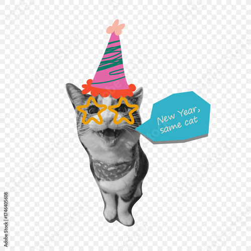 Christmas art collage clipart. Funny cut out cat in a cap. Modern  retro grunge mixed media vector illustration on a transparent background. Festive holiday art for posters, cards, and digital design.