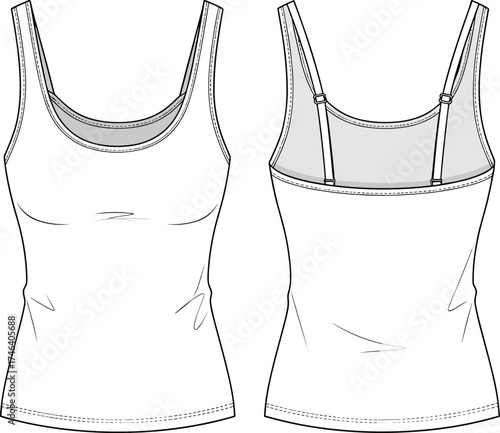 Wallpaper Mural Women’s tank top flat sketch, scoop neck spaghetti strap fashion technical drawing, fitted silhouette shelf bra apparel design, front and back illustration Torontodigital.ca