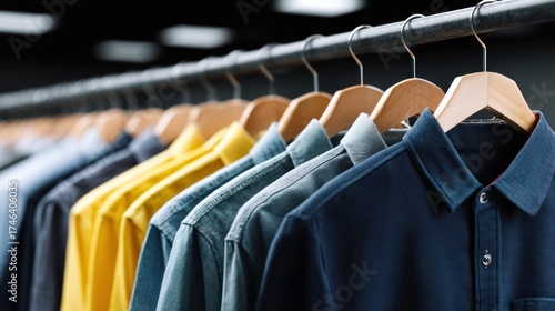collection of neatly arranged shirts in various colors hangs from a rack in a bright, stylish retail store. display highlights casual fashion choices for shoppers
