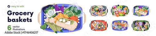 Top view of supermarket baskets full of products, groceries set. Consumer shopping containers with purchases, food, cosmetic and household goods. Flat vector illustrations isolated on white background