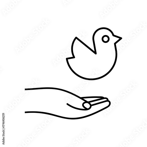 Bird on Open Palm: Simple vector illustration. Design for hope and freedom. Outline design on white background.
