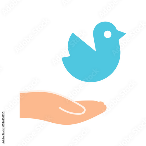 Bird on Open Palm: Simple vector illustration of a bird on a hand. Minimal design for hope and freedom. Design on white background.