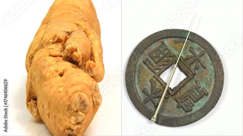 Chinese ginseng root and acupuncture needle on a an antique Chinese coin in a split screen