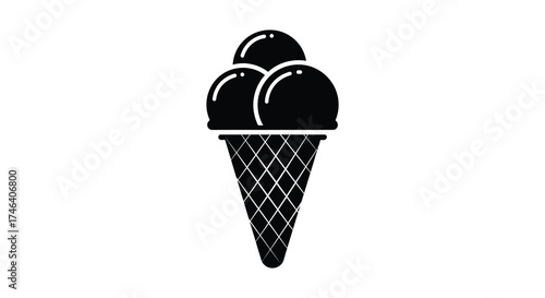 Black ice cream cone with three scoops simple monochrome sweet dessert graphic element silhouette