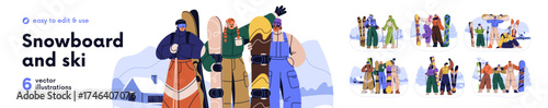 People portraits with ski and snowboard, sport equipment set. Families, couples, friends at mountain resort on winter holidays. Active vacation. Flat vector illustration isolated on white background