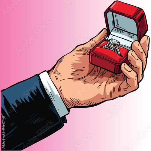 Romantic Proposal Scene with Diamond Ring in Open Red Case