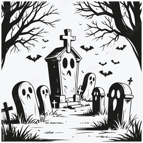 graveyard with ghosts sketch illustration vector